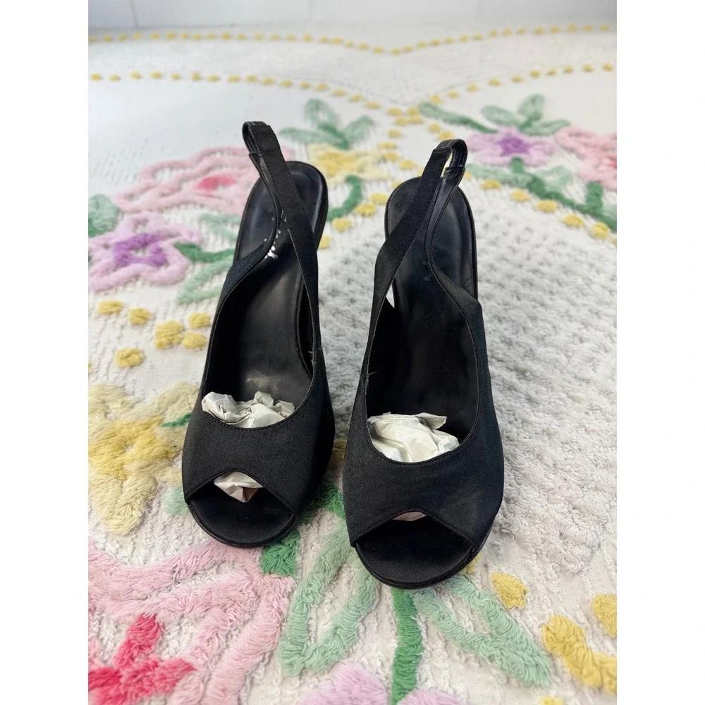 Spiegel Black Satin Peep Toe Slingback Stiletto Heels Leather Sole 7.5B F8065